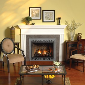 Premium Direct-Vent Fireplace with White Profile Mantel shown with Optional Herringbone Brick Liner, Hammered Pewter Outer Frame, Leaf Louvers, and Bottom Trim.